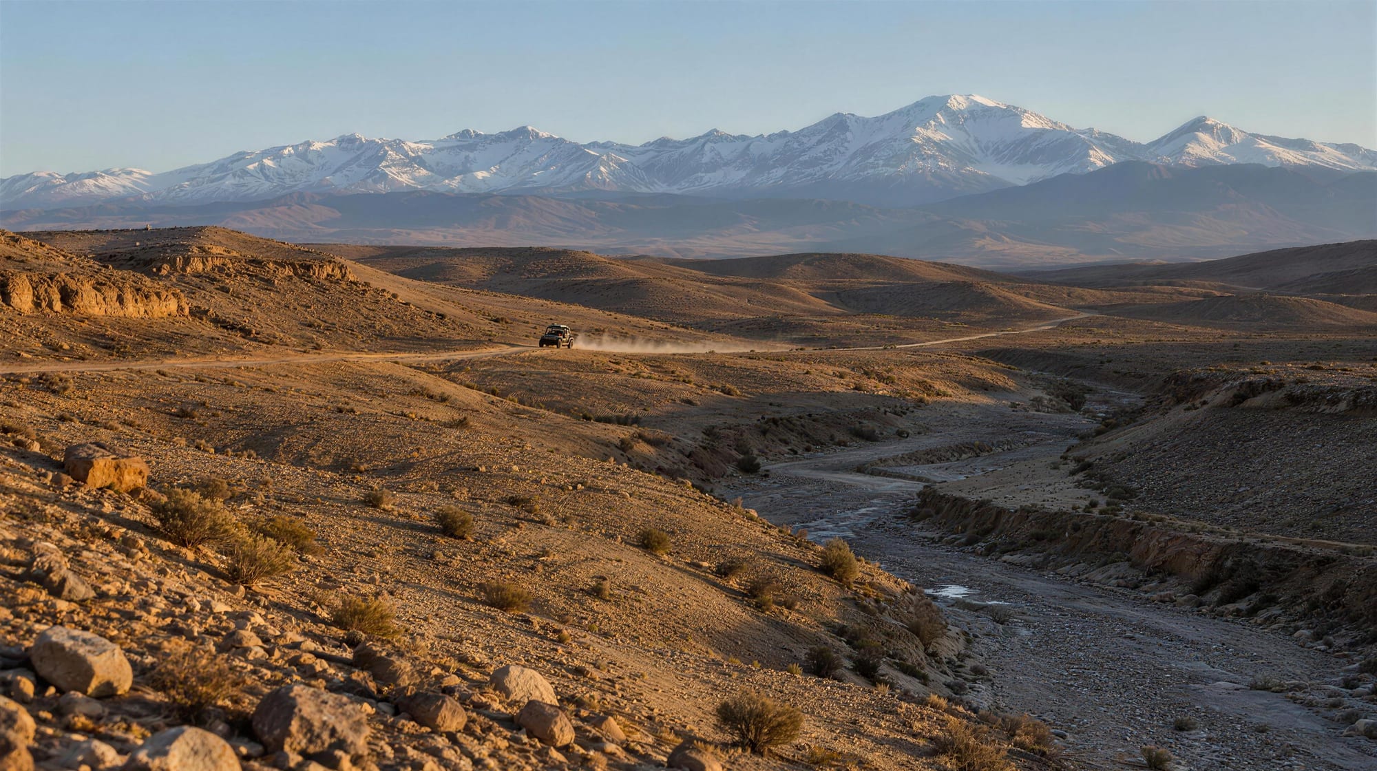 Piste de terre serpentant dans les collines pierreuses d’Agafay, buggy isolé soulevant la poussière, Atlas enneigé au fond