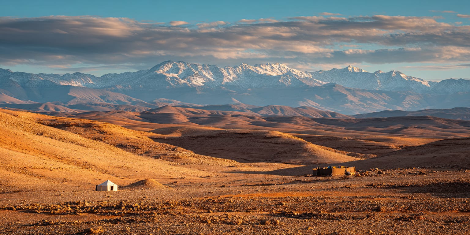 Collines pierreuses ocre du désert d’Agafay et campement berbère isolé, chaîne de l’Atlas enneigée au fond