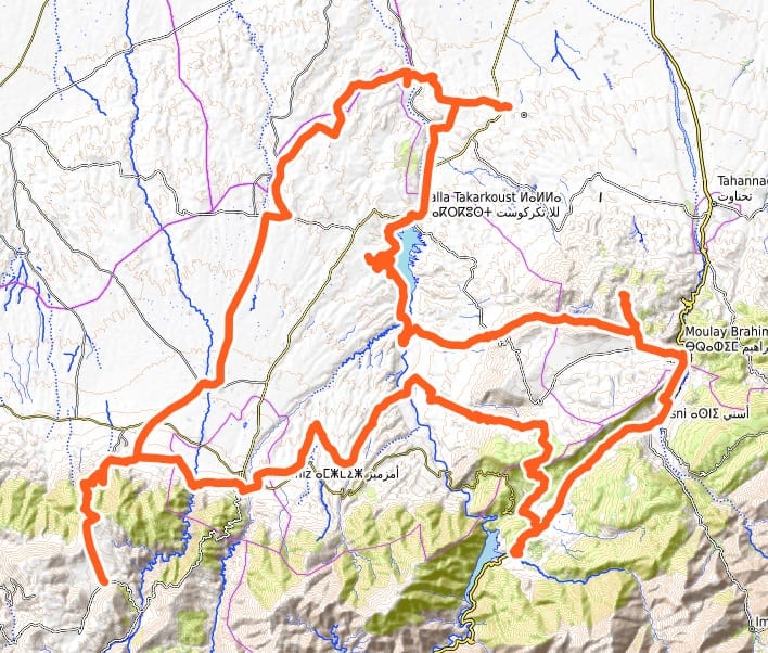 Carte du raid de deux jours d’Oumnass au Haut Atlas (Kik, Moulay Brahim, Asni, Ouirgane) puis Amizmiz, Toulkine et le désert d’Agafay