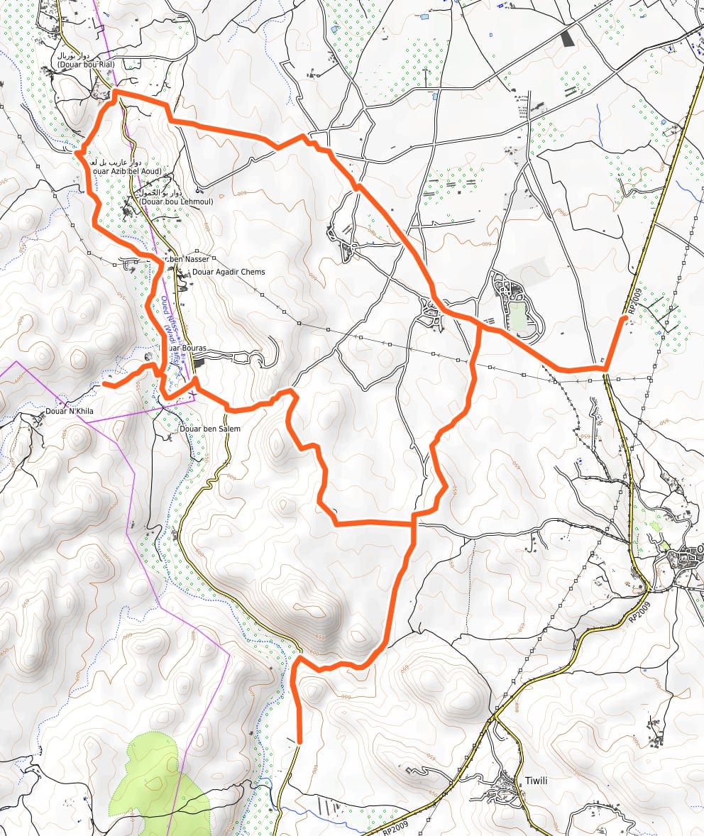 Carte schématique de la boucle du raid Agafay Explorer, 32 km depuis la base du km 16