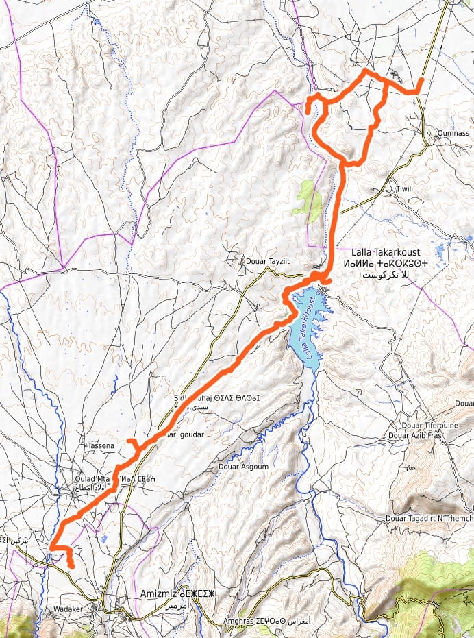 Carte schématique du raid d’une journée du lac Takerkoust au plateau du Kik, retour par Agafay