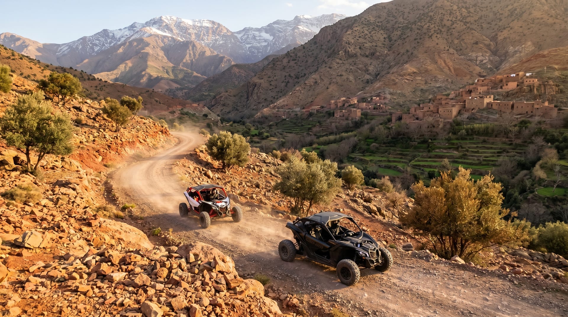 Deux buggys Can-Am sur une piste de montagne au-dessus d’une vallée du Haut Atlas