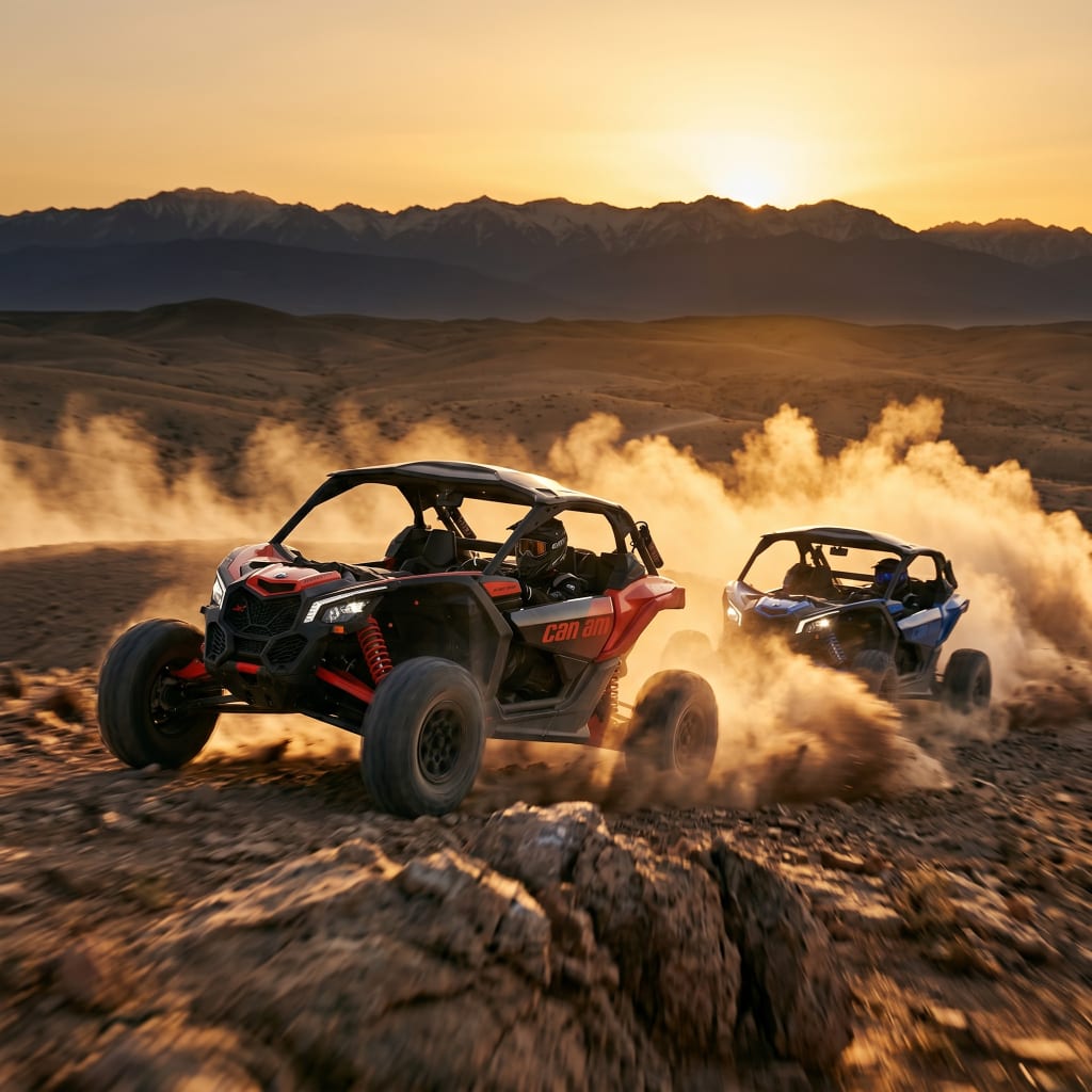 Deux buggys Can-Am soulevant la poussière côte à côte au coucher du soleil