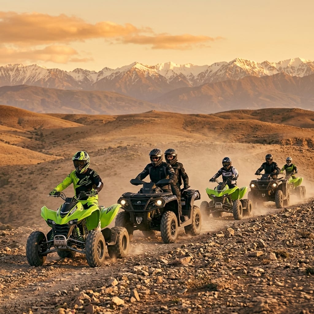 Groupe de quads en file sur une piste caillouteuse, sommets enneigés à l’horizon
