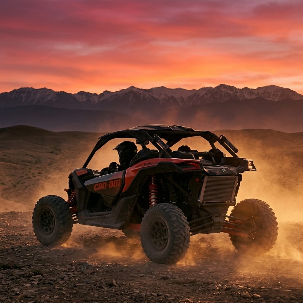 Buggy Can-Am rouge dans la poussière sous un ciel rose de fin de journée