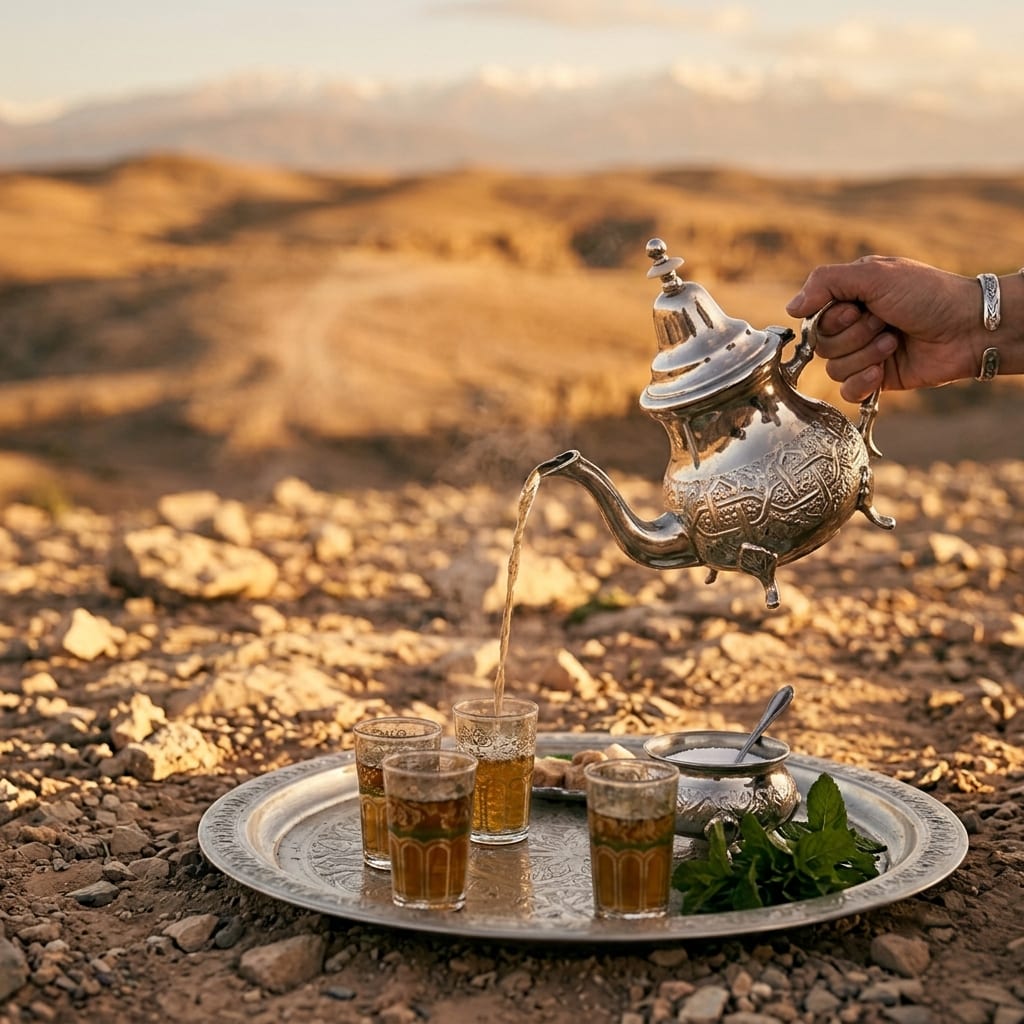 Thé à la menthe versé dans des verres posés sur un plateau, désert en arrière-plan