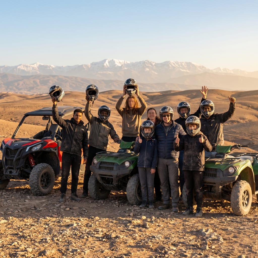 Groupe de participants casque à la main devant un buggy et des quads