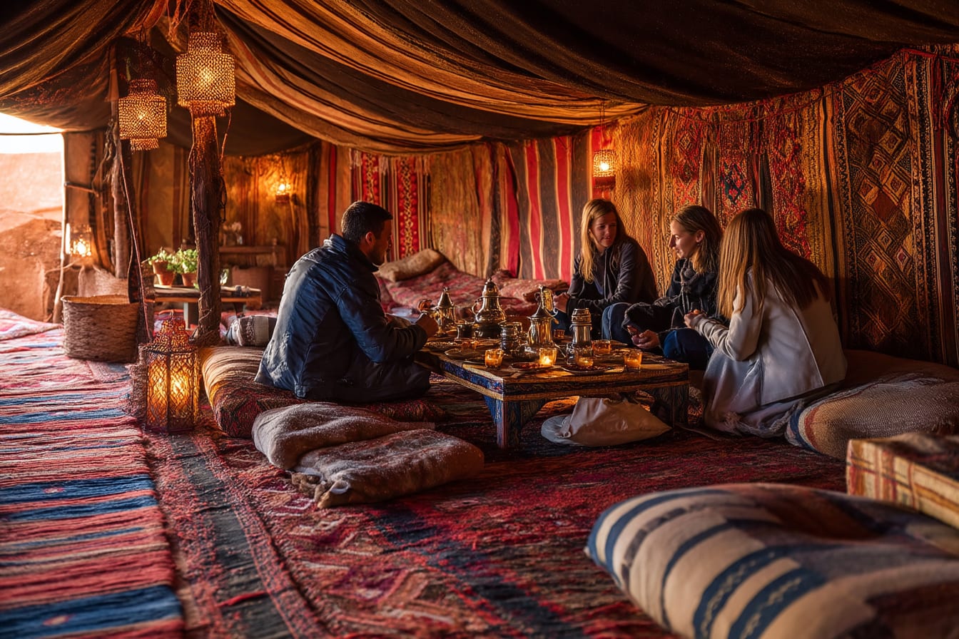Pause thé à la menthe sous une tente berbère tapissée de kilims