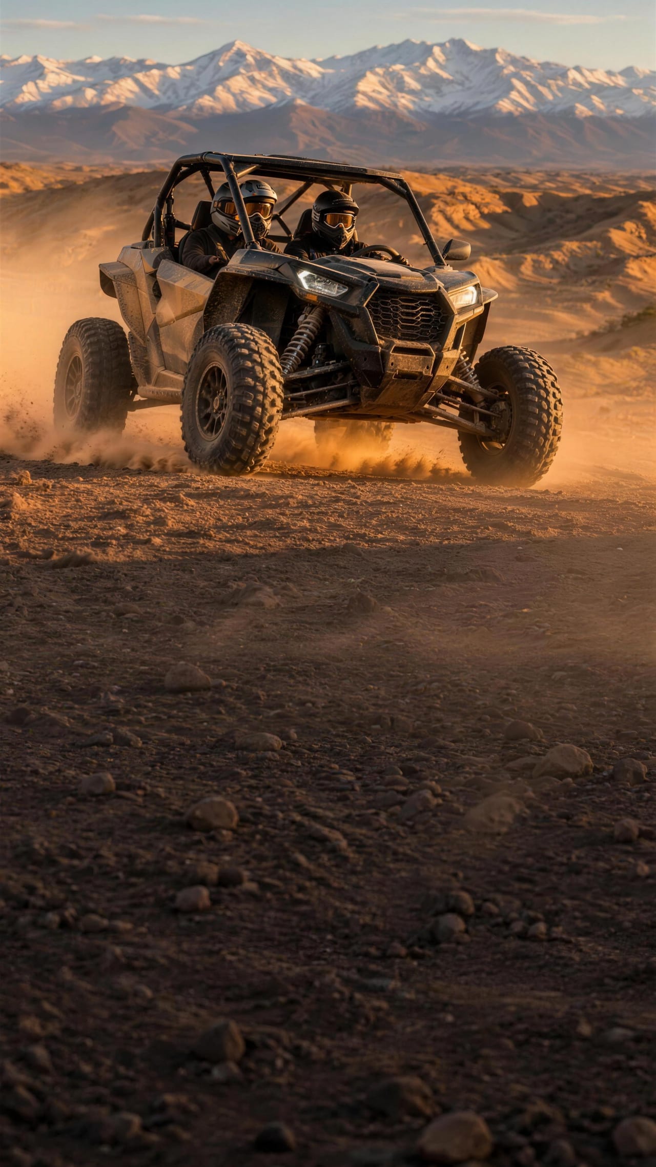 Buggy biplace lancé dans un nuage de poussière sur une piste d’Agafay, Haut Atlas enneigé au crépuscule