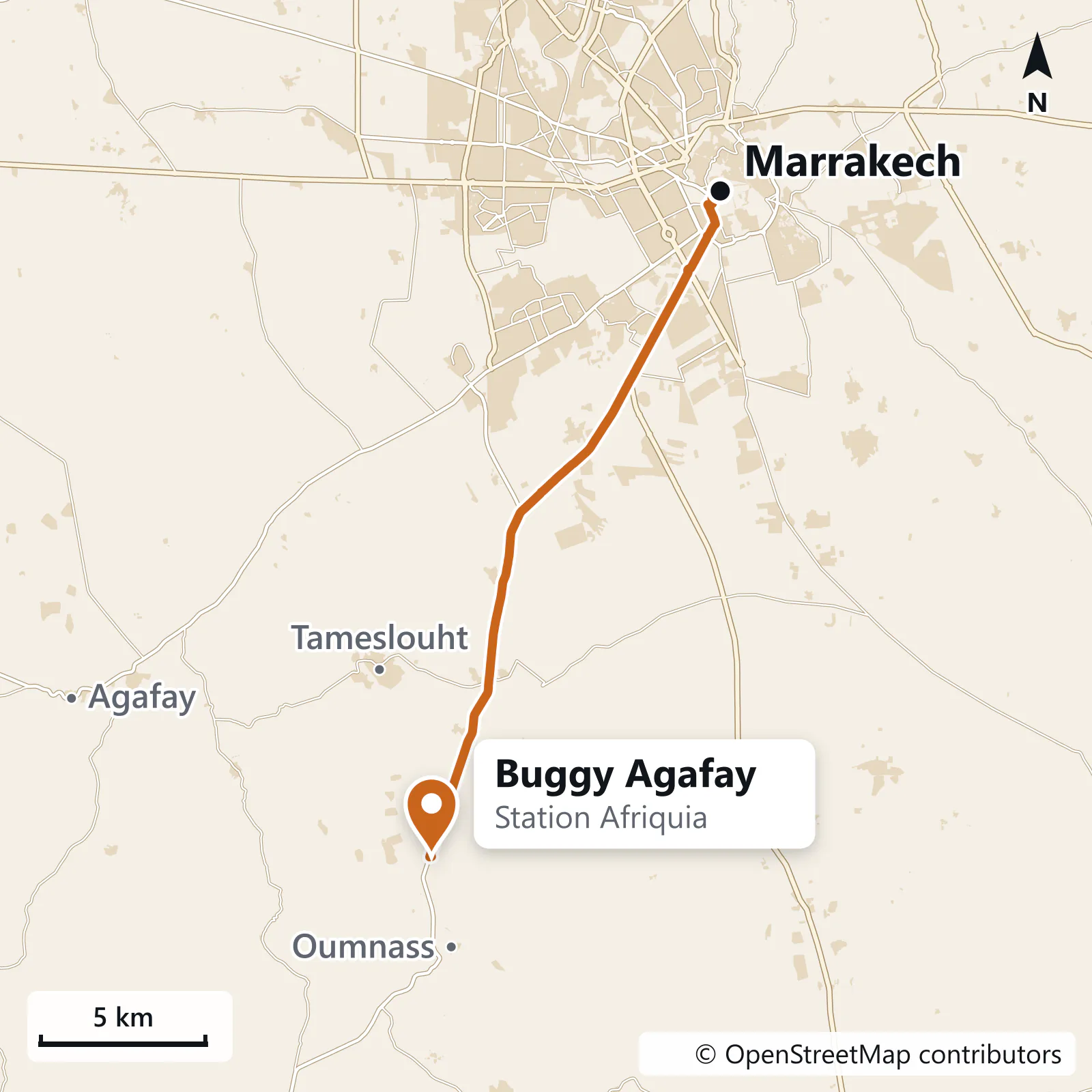 Carte du trajet entre Marrakech et le point de rendez-vous Buggy Agafay, à la station Afriquia